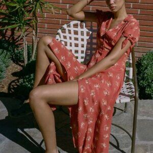 Urban Outfitters UO Elle Button Through Midi Dress Printed Red XS
